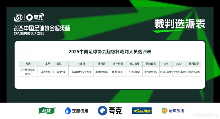  超級杯海港vs申花裁判員名單：主裁判唐順齊，VAR劉威