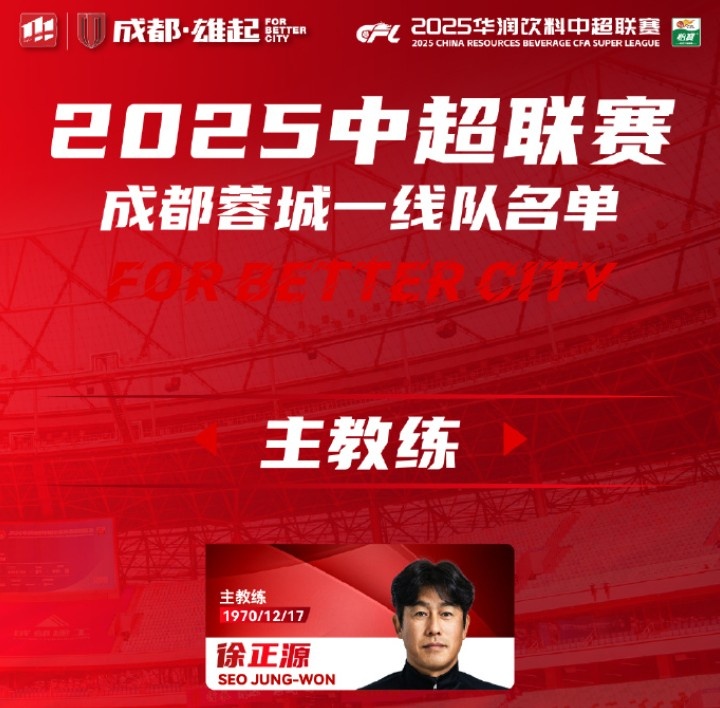  成都蓉城一線隊(duì)大名單出爐！