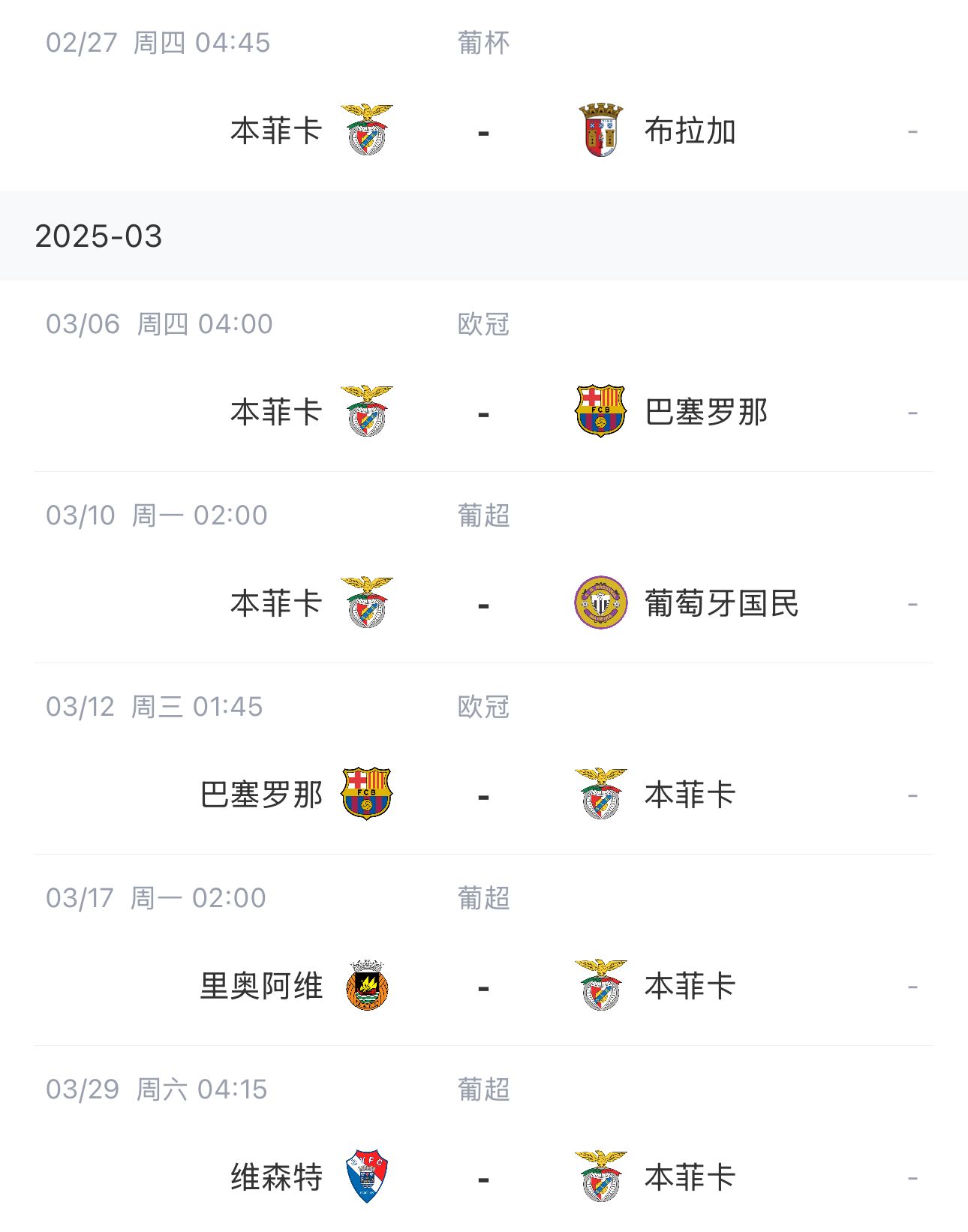  讓路歐冠！本菲卡戰(zhàn)巴薩首回合比賽前的葡超比賽推遲進(jìn)行